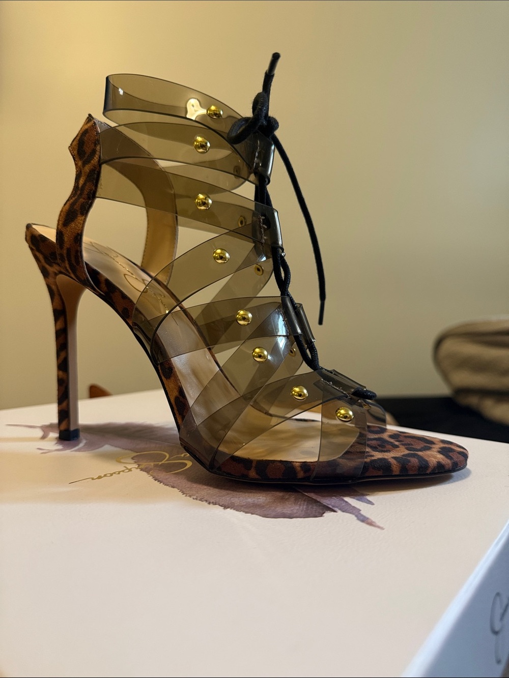 Jessica Simpson Leopard Print Lace-Up PVC Cage Stiletto in Brown